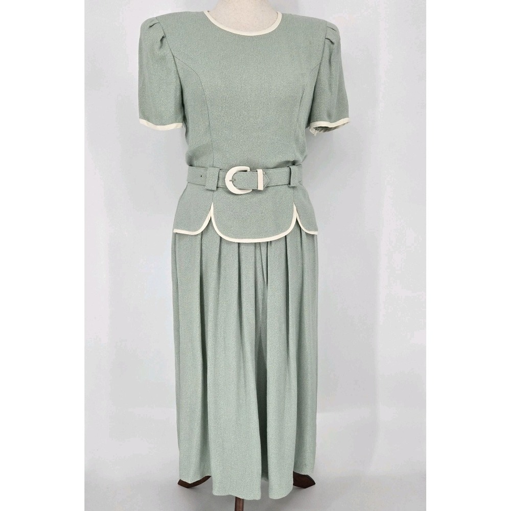 Jessica Howard Vintage 80s 90s Dress Size 10 Sage Green Belted Peplum USA